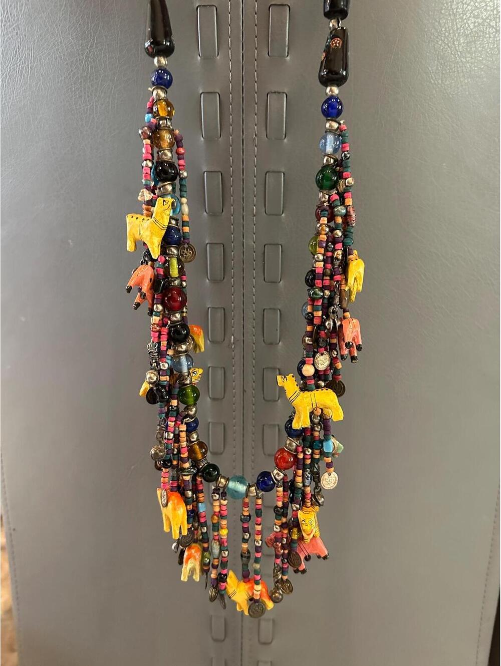 Vintage Mexican African Folk Art Wood Artisan Beaded Animal Charm Belt Necklace